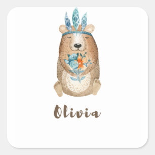 Olivia Boho Bear Square Sticker