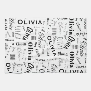 Olivia Custom Name Black White Kitchen Towel