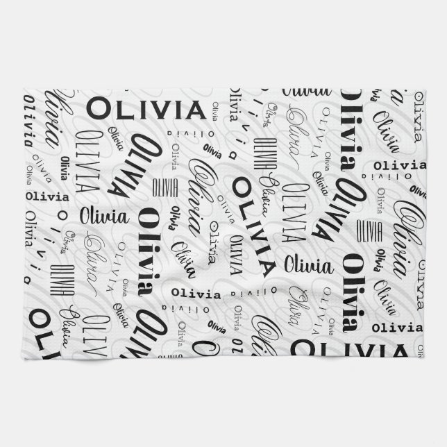 Olivia Custom Name Black White  Kitchen Towel (Horizontal)