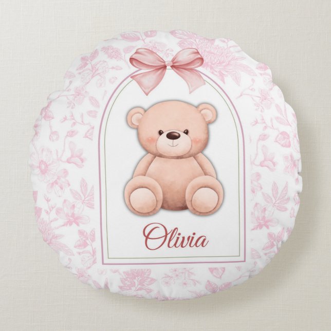 Olivia | Custom Pink Teddy Bear Nursery Design  Round Pillow (Front)