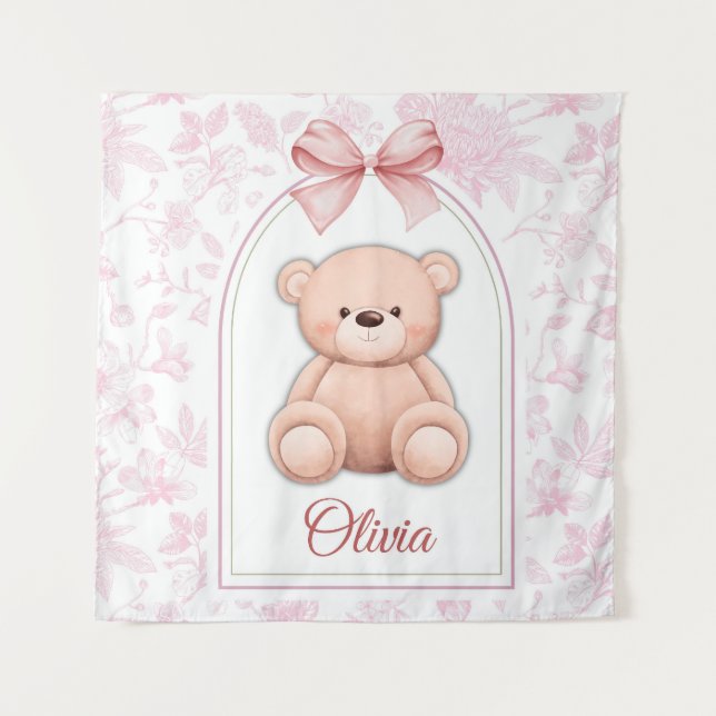 Olivia | Custom Pink Teddy Bear Nursery Design  Tapestry (Front)