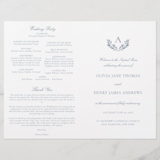 Olivia Dusty Blue Catholic Mariage Mass Programme (Devant)