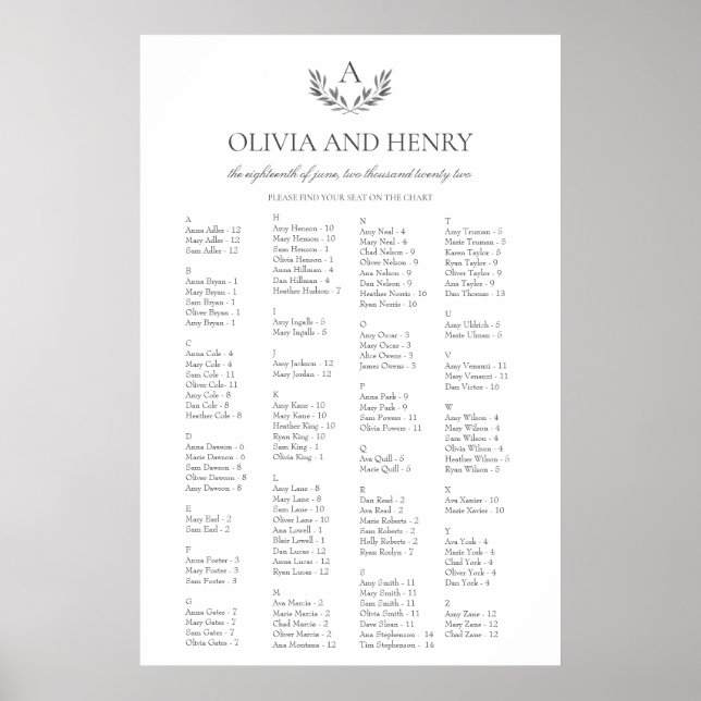 Olivia Elegant Alphabetical Wedding Seating Chart (Front)