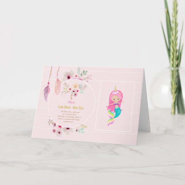 OLIVIA - Girls Name Meaning Gift - Mermaid Unicorn Card (Front)