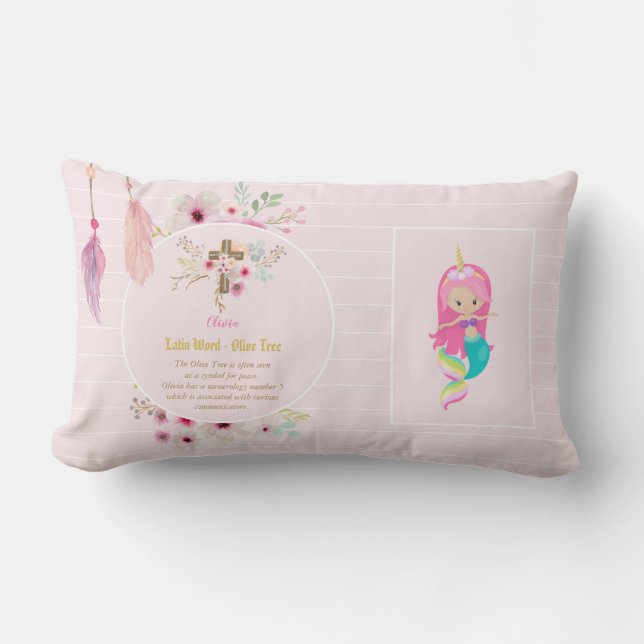 OLIVIA - Girls Name Meaning Gift - Mermaid Unicorn Lumbar Pillow (Front)