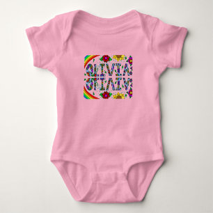 Olivia, Girl's Name Whimsical Folk Art Baby Bodysuit