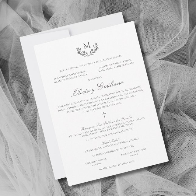 Olivia Invitacion de Boda Catolica Wedding Invitation (Elegante invitación de boda católica en español en paleta de colores grises)