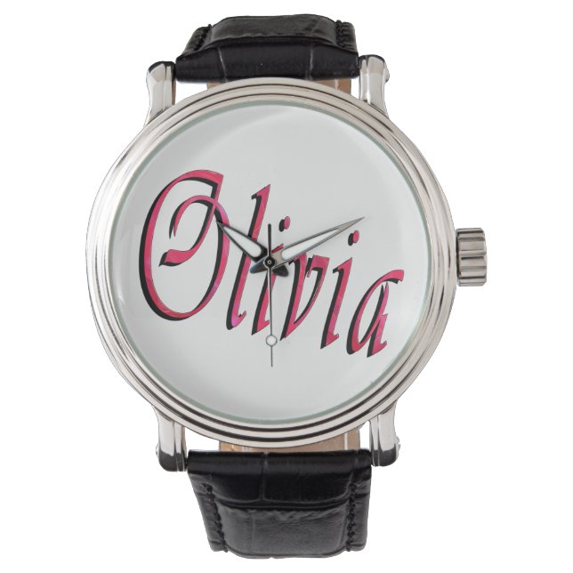 Olivia, Name, Logo, Large Black Leather Watch. Watch (Front)