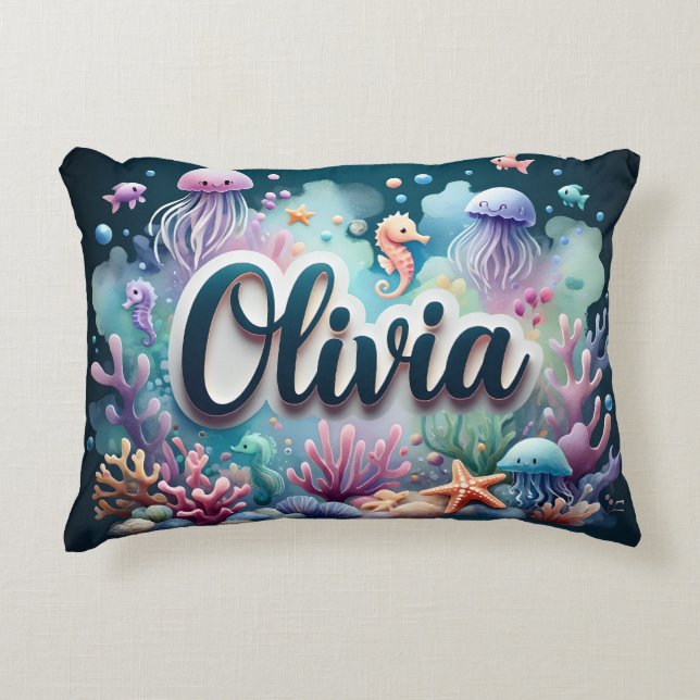 Olivia Name Ocean Theme Decorative Sea Life Accent Pillow (Front)