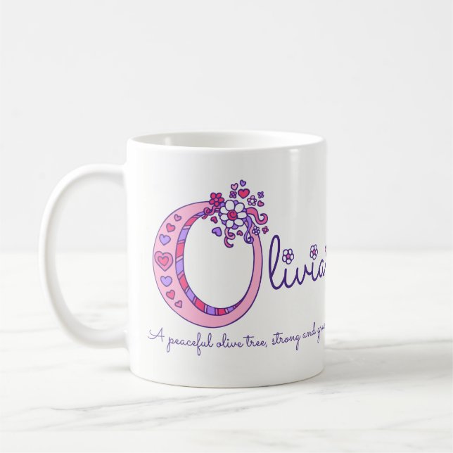 Olivia or O initial name meaning pink art mug (Left)