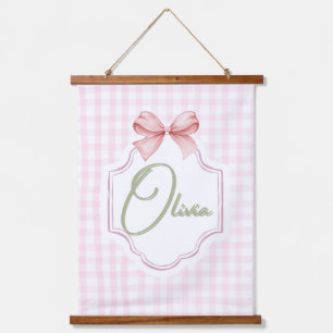 Olivia Personalized Pink Bow & Gingham Print  Hanging Tapestry
