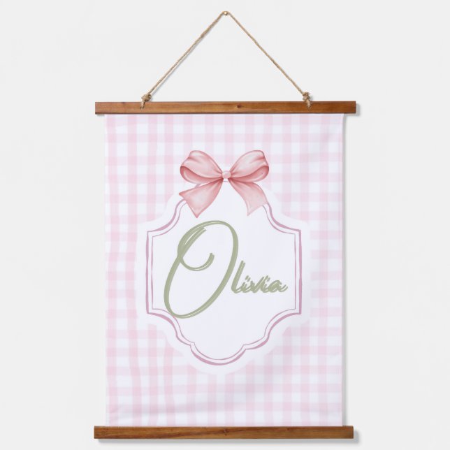 Olivia Personalized Pink Bow & Gingham Print  Hanging Tapestry (Front)