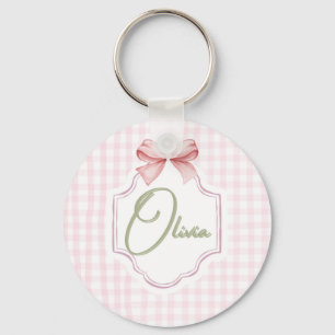 Olivia Personalized Pink Bow & Gingham Print  Keychain