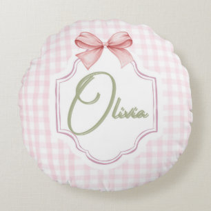 Olivia Personalized Pink Bow & Gingham Print Round Pillow