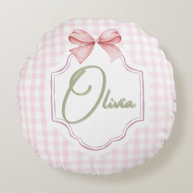 Olivia Personalized Pink Bow & Gingham Print  Round Pillow (Front)