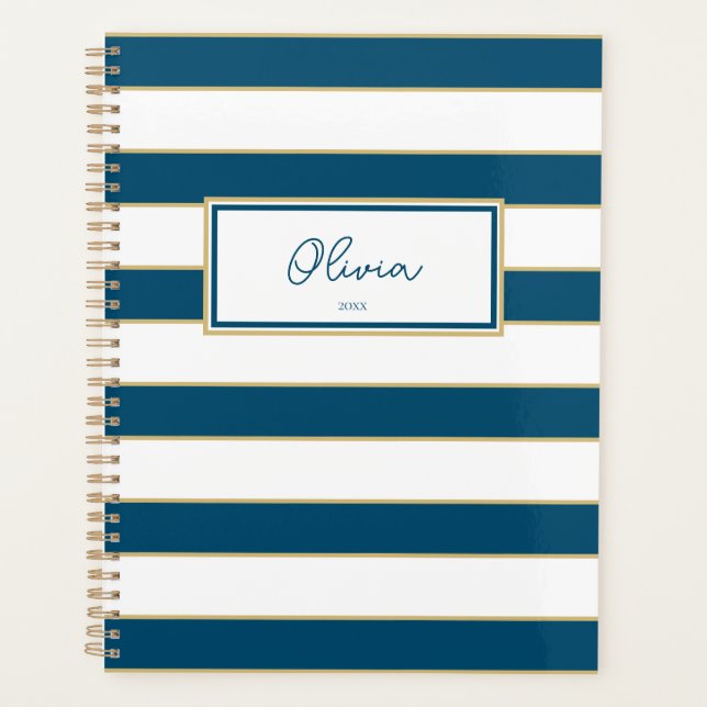 Olivia Stripes Planner in Ocean and White (Front)