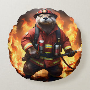 Ollie The Otter Fire Fighter,  Round Pillow