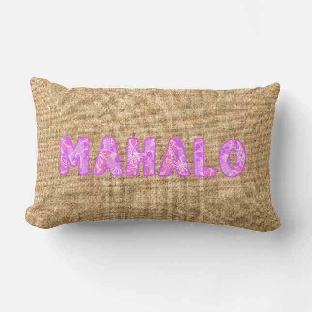 Olowalu Hibiscus Pink Hawaiian Camo Mahalo Word Lumbar Pillow (Front)