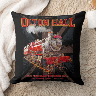 Olton Hall Vintage Steam Train English Locomotive Throw Pillow