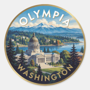 Olympia Washington Capitol Mountain Illustration Classic Round Sticker