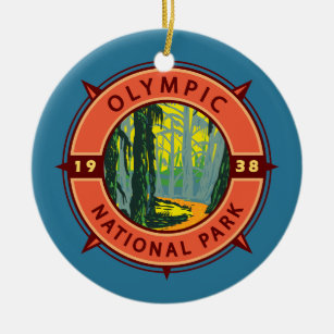 Olympic National Park Hoh Rainforest Retro Compass Ceramic Ornament