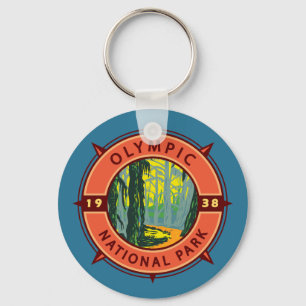 Olympic National Park Hoh Rainforest Retro Compass Keychain