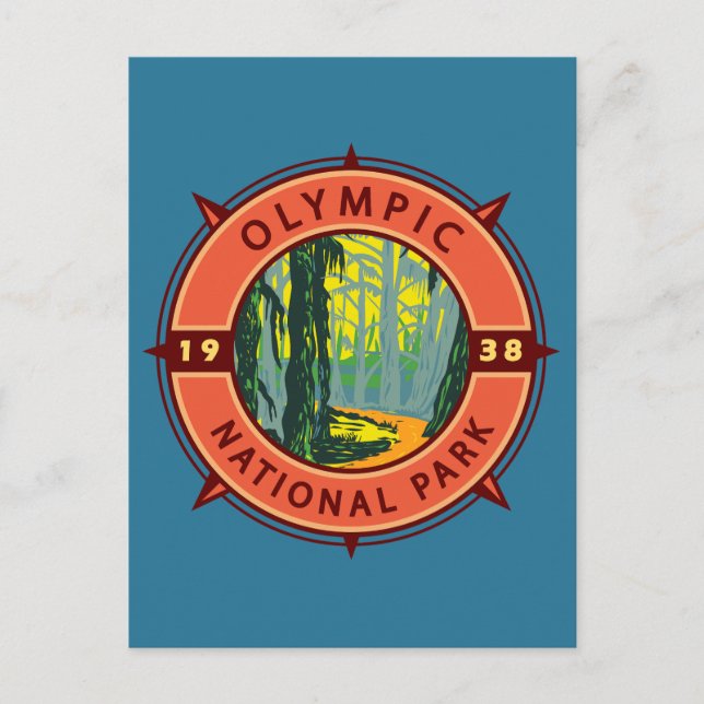 Olympic National Park Hoh Rainforest Retro Compass Postcard (Front)