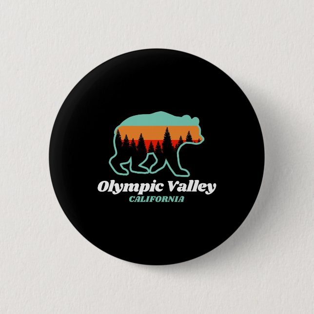 Olympic Valley California Skiing Snowboarding Bear 2 Inch Round Button (Front)