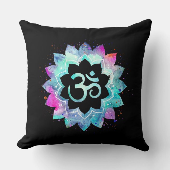 *~* Om Aum Cotton Turquoise Blue Magenta black Throw Pillow (Front)