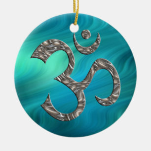 OM / AUM - SILVER   bluegreen waves Ceramic Ornament