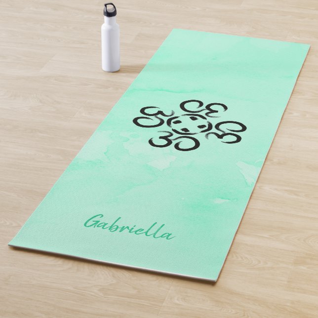 Om Compass Rose, Teal Green Watercolor Aum Yoga Mat (In Situ)