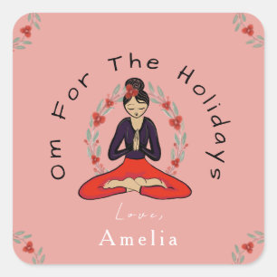 'Om For The Holidays' Yoga and Wreath Card Square Sticker