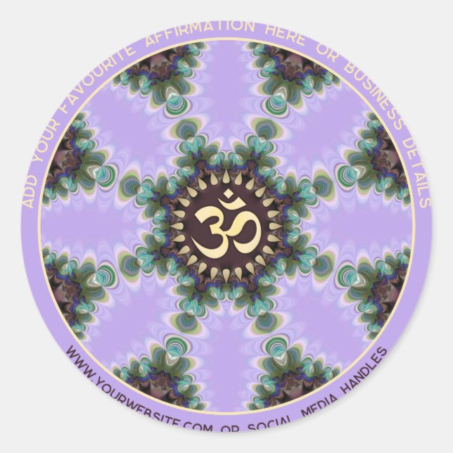 OM Lilac Purple Peacock Feathers with Arched Text Classic Round Sticker (Front)