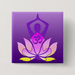 Om Lotus Flower Yoga Pose on Purple Gradient 2 Inch Square Button