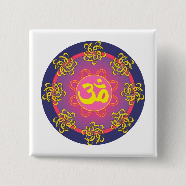 Om Mandala Blue Border 2 Inch Square Button (Front)