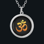 Om Mantra Symbol Yoga Asana Relax Fitness Gold Sun Silver Plated Necklace<br><div class="desc">Om Mantra Symbol Yoga Asana Relax Fitness Gold Sun Sunrise Meditation Yellow Orange Inspirational Elegant Sunrise Round Necklace.</div>