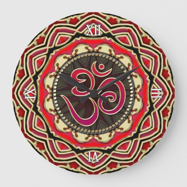 OM Meditation Yoga Red Gold Mandala Wall Clock (Front)