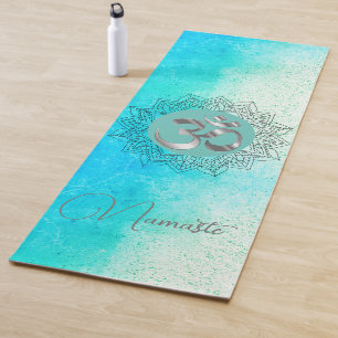OM Namaste Lotus Mandala on Speckled Turquoise Mat