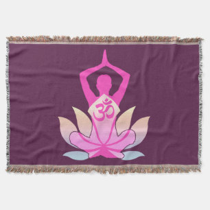 OM Namaste Spiritual Lotus Flower Yoga on Plum Throw Blanket