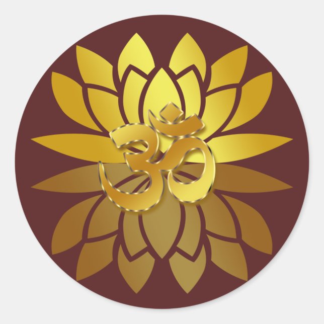 OM Omkara and Gold Coloured Lotus Flower Classic Round Sticker (Front)