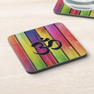 Om sign on multicolor wood coaster