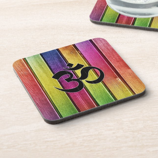 Om sign on multicolor wood coaster (Left Side)