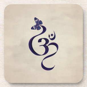 OM symbol and Butterfly - watercolor Coaster