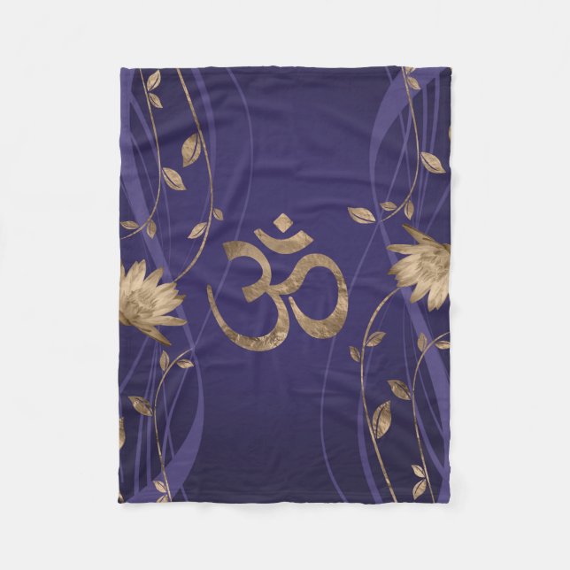 Om Symbol Golden Lotus Flowers on purple Fleece Blanket (Front)