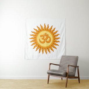 Om Symbol in Radiant Sun Spiritual Hindu Design Tapestry