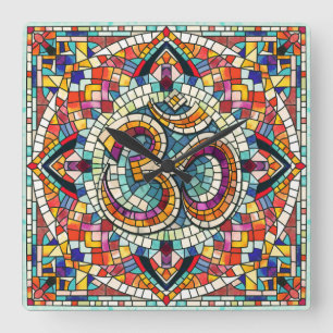 OM Symbol Lotus Mandala Mosaic Square Wall Clock