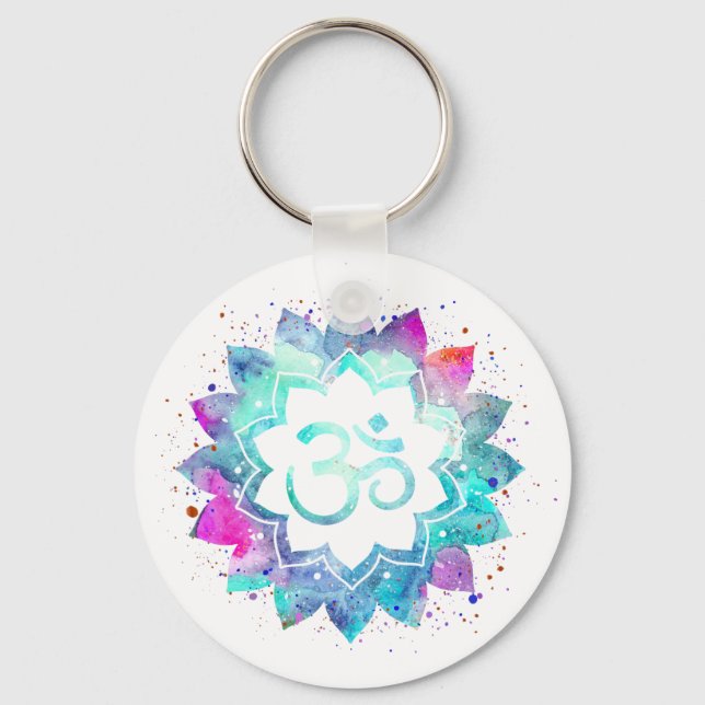 *~* OM Symbol Lotus Watercolor  Mandala Keychain (Front)