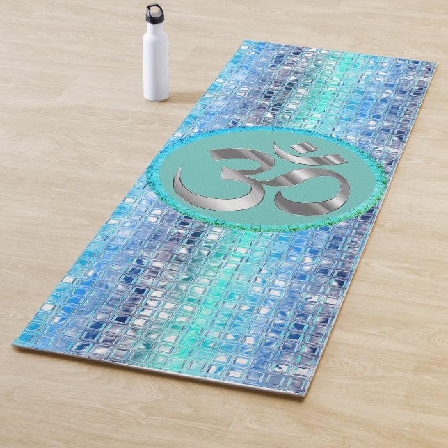 OM Symbol Shimmery Blue Dreamy Tiles Yoga Mat (In Situ)