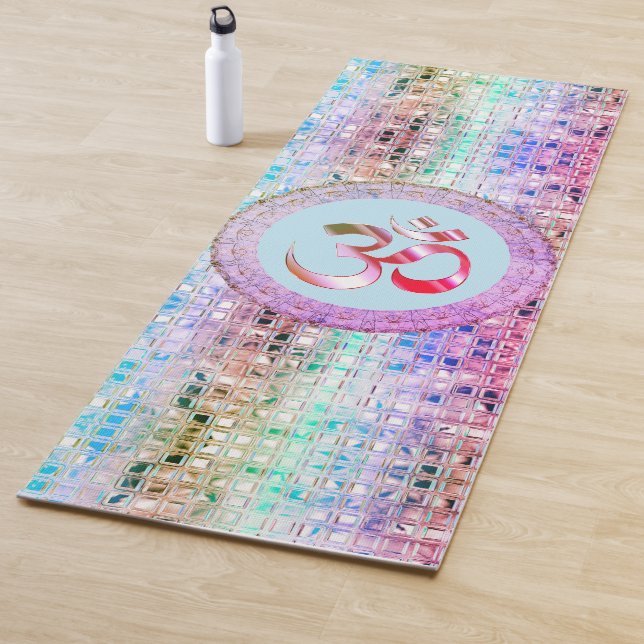 OM Symbol Shimmery Rainbow Tiles Yoga Mat (In Situ)
