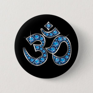 Om Symbol with "Aquamarine" Stones 2 Inch Round Button
